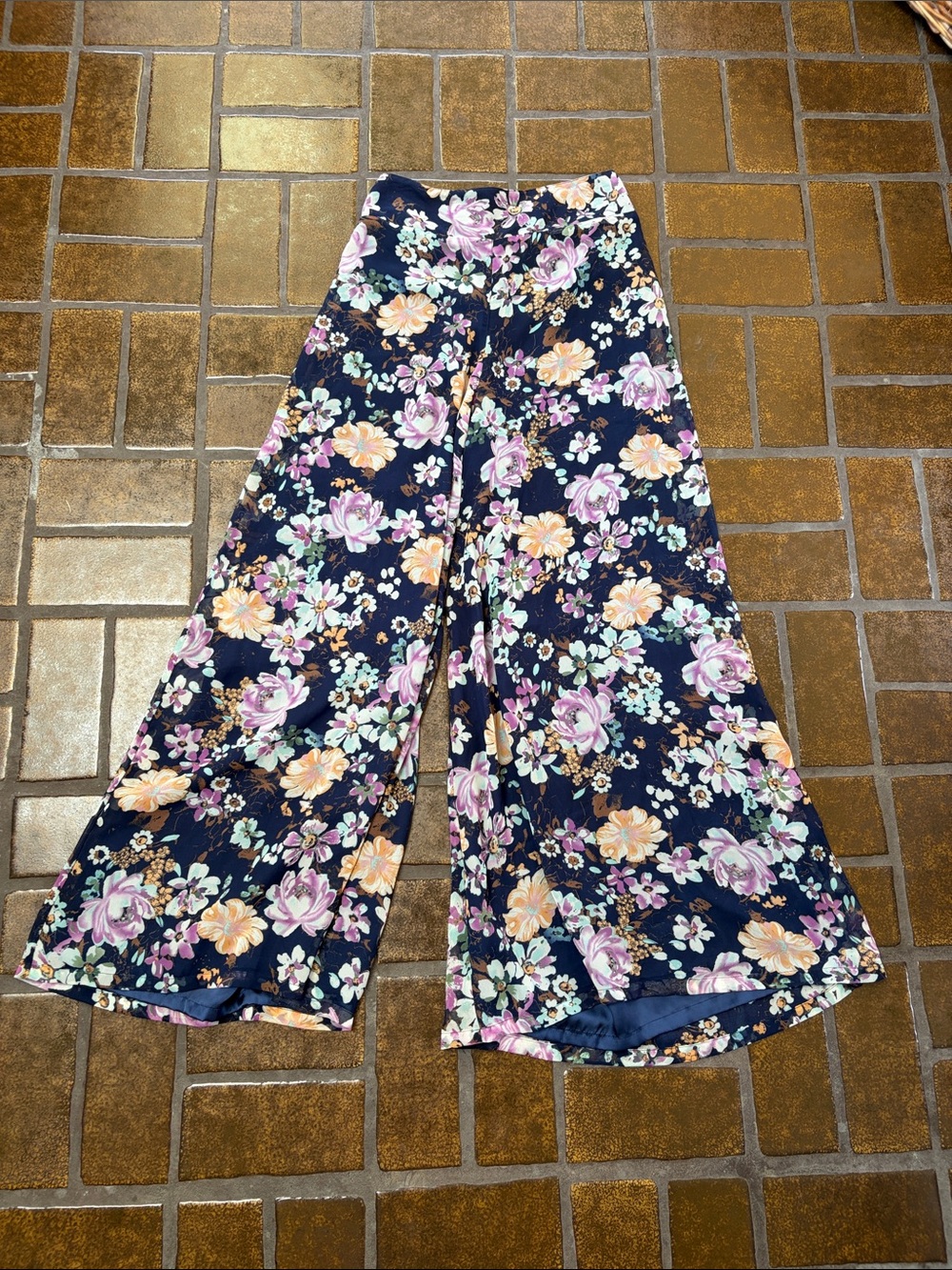 Bar III Navy Multicolor Floral Print High Waisted Wide Leg Pant